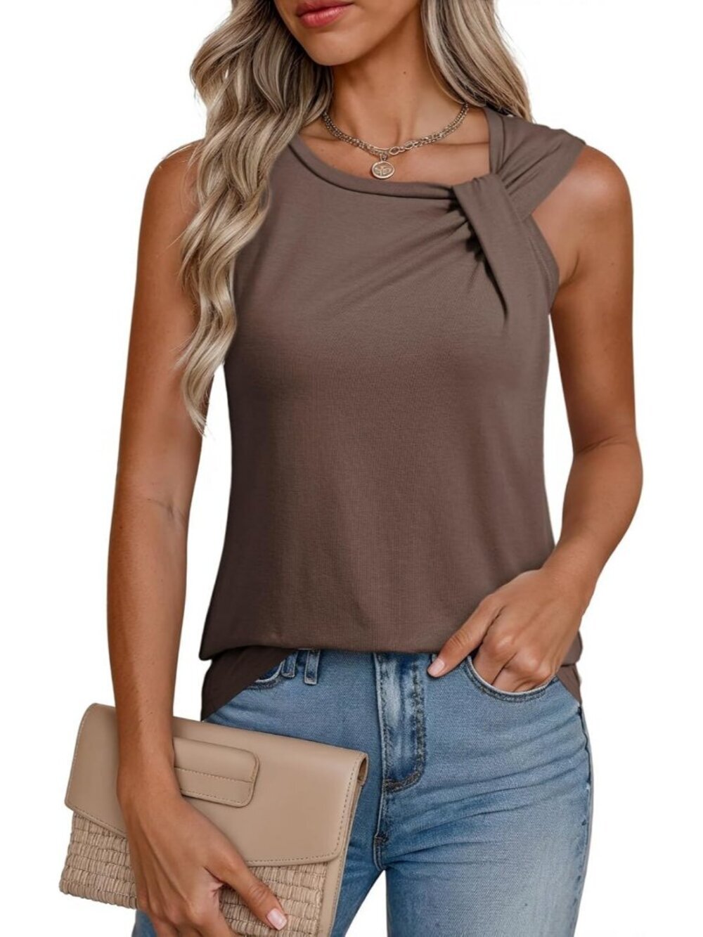 Women's Tank Tops Summer Sleeveless Dark Brown Twist Knot Top Blouse Tees Shirts